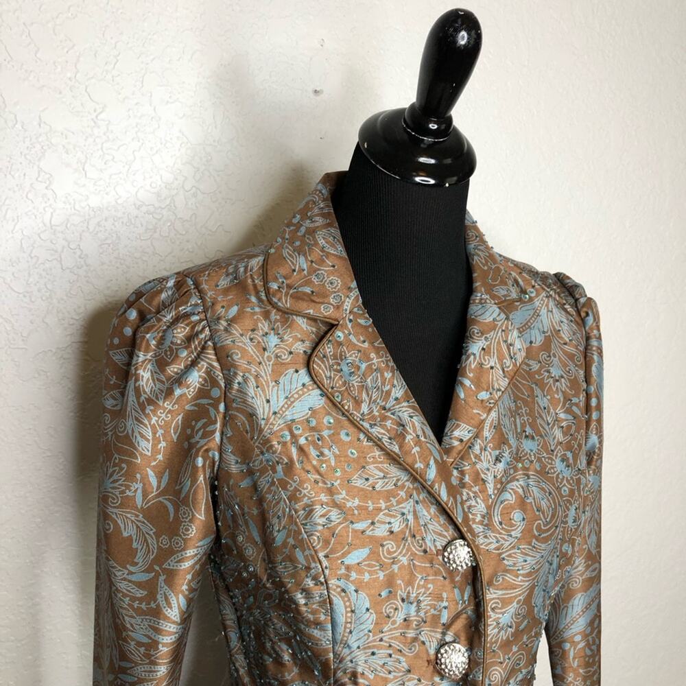 Victor Costa brown blue floral beaded rhinestone button blazer jacket size 6 - Picture 2 of 15